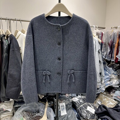 2025秋冬款韩版宽松显瘦百搭圆领长袖双面羊绒短款外套女呢子大衣