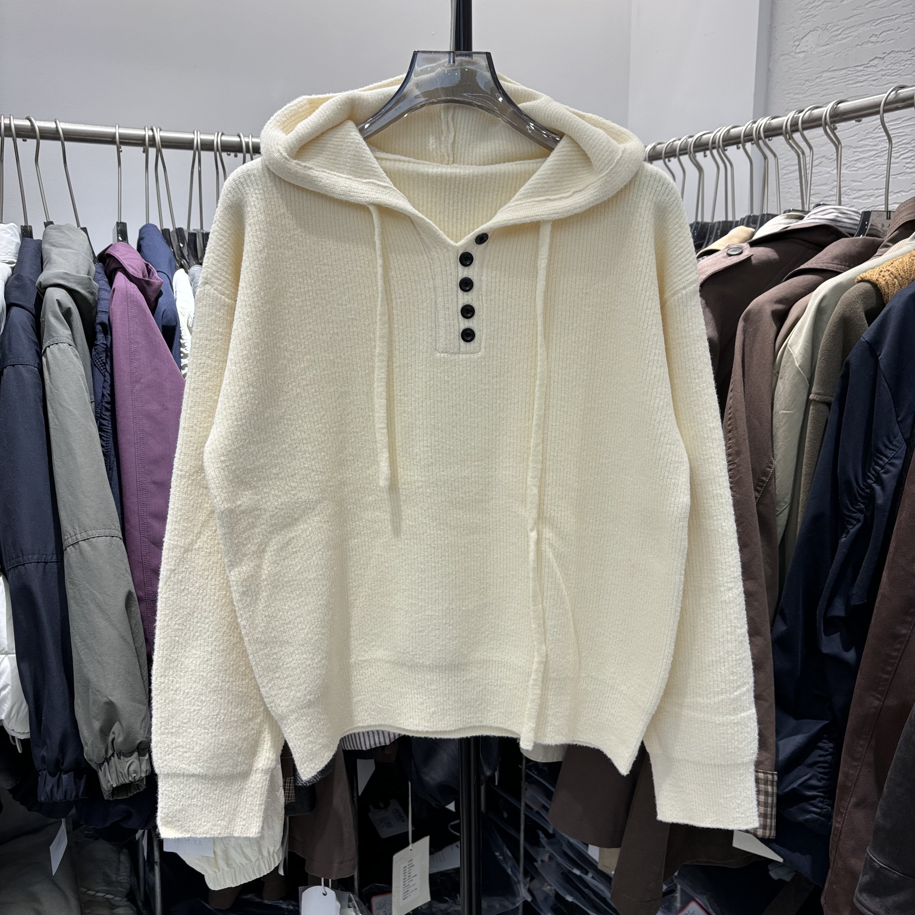 6699休闲设计感连帽长袖针织衫秋冬宽松纯色毛衣抽绳珍珠绒打底衫