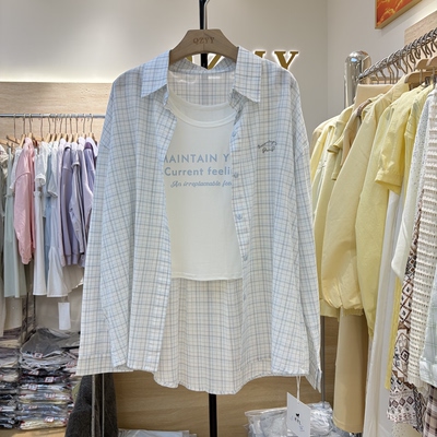 欧洲站早春韩版吊带背心格子+衬衫女宽松时尚百搭长袖两件套7998