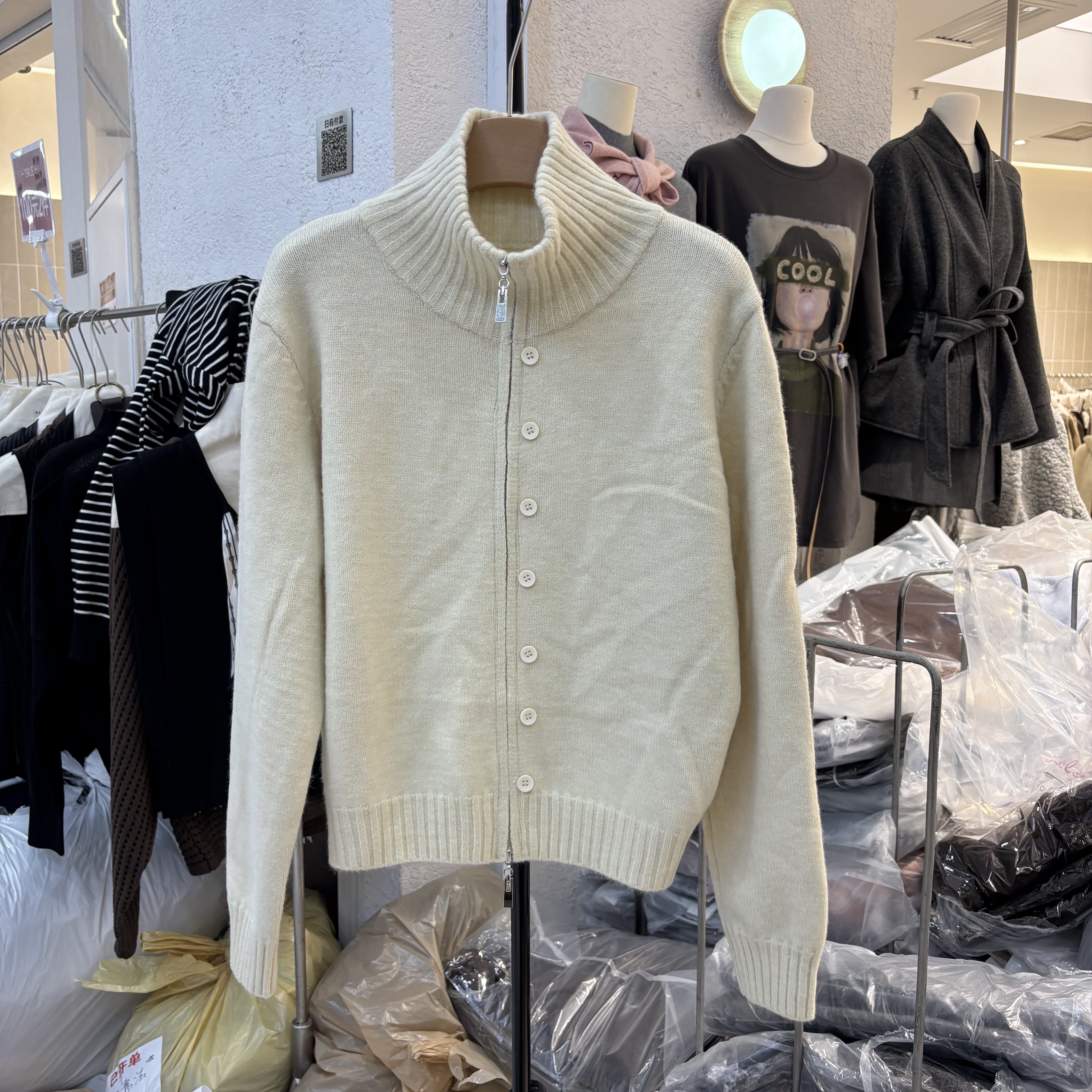 2025冬季高领双拉链针织衫女宽松显瘦百搭长袖羊毛衫打底外套8093