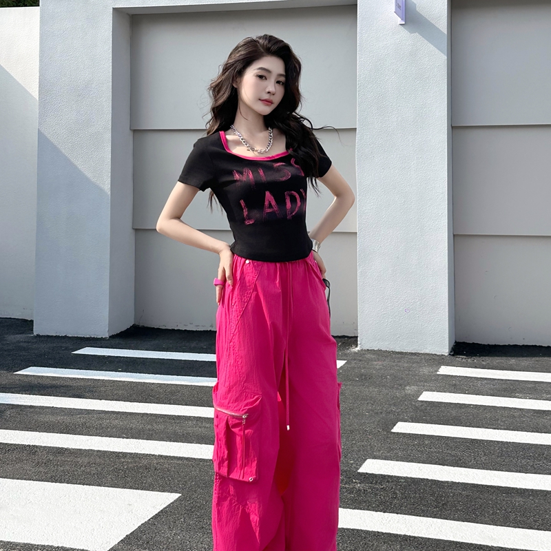时尚休闲辣妹套装女2025夏洋气减龄修身T恤+高腰工装裤一整套365
