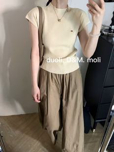 DM欧洲站20024早秋款 女 半高领短袖 上衣简约软糯亲肤刺绣针织衫