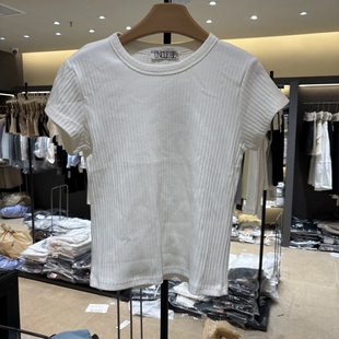 2026春季新款女装白色短袖T恤女简约圆领修身短款上衣5932