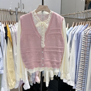韩版法式蕾丝长袖衬衫女春季2026新款叠穿针织马甲两件套短款上衣
