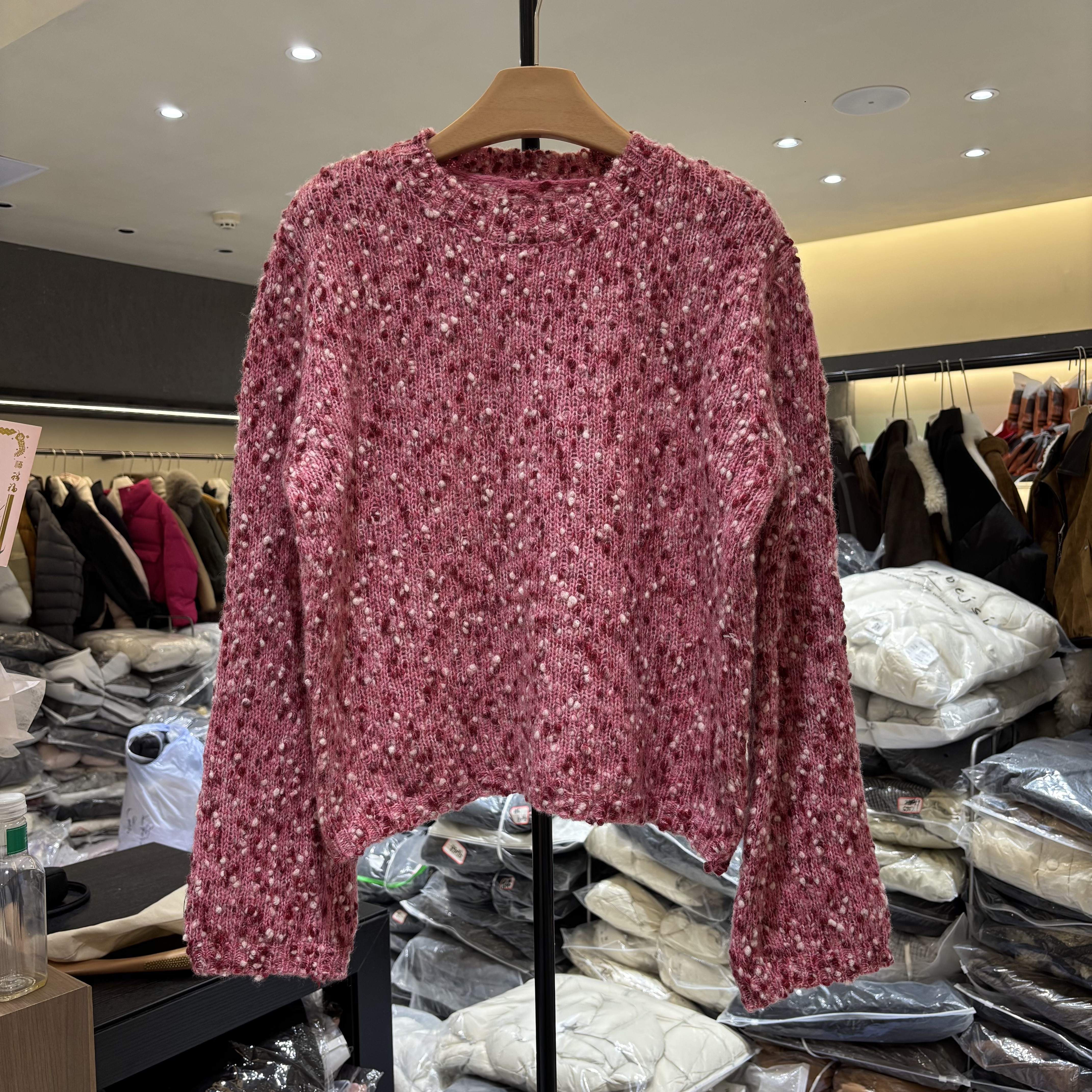 2025冬粉色慵懒风多巴胺圆领彩色球球毛衣女小个子宽松减龄针织衫