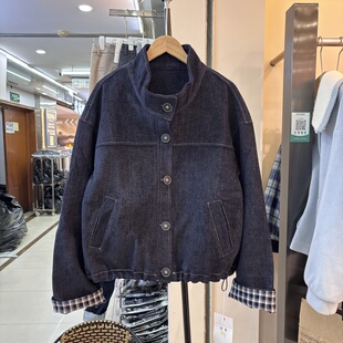 口拼接格子牛仔棉服加棉外套女 翻领洋气明线设计感袖 2025冬季 韩版