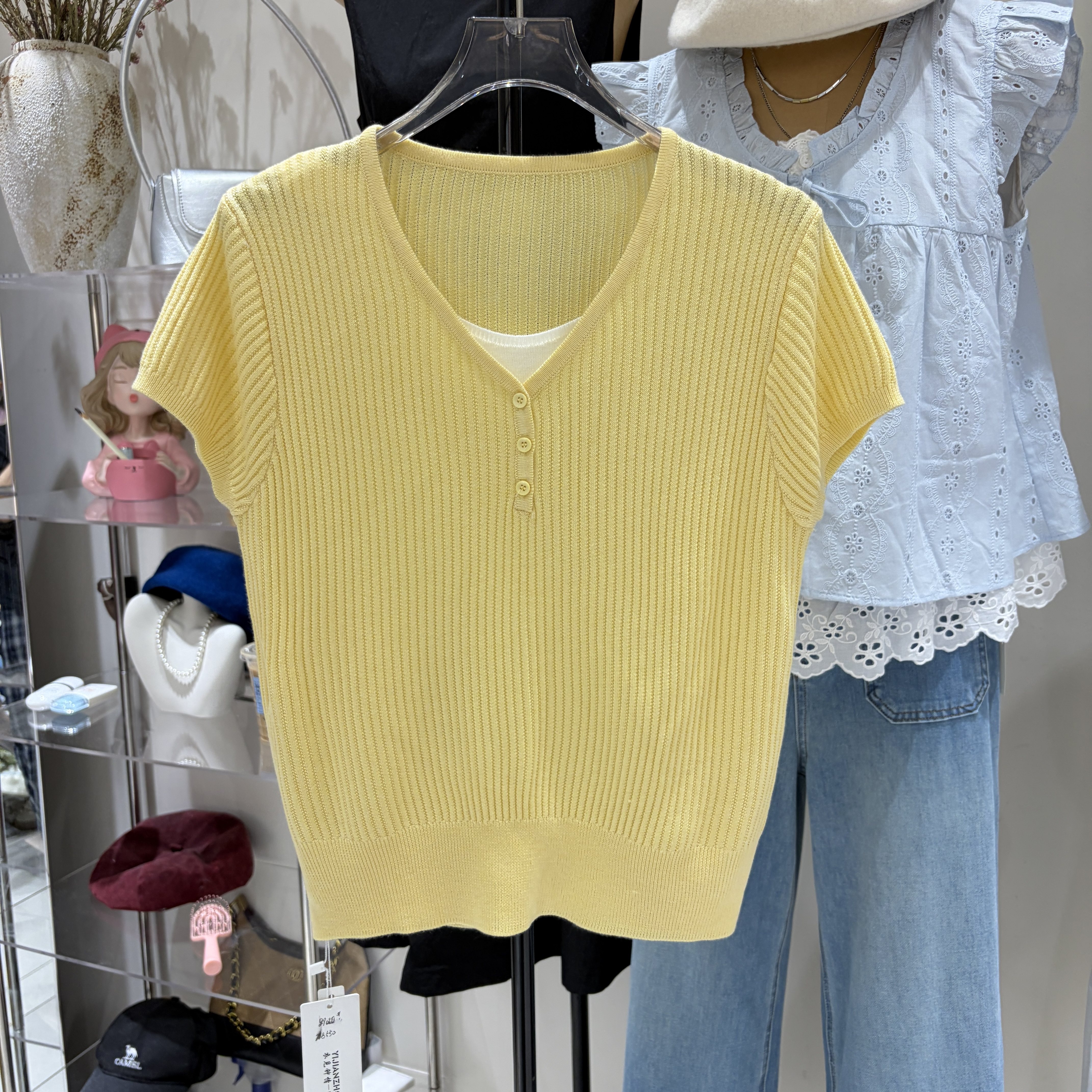 89010春夏新款女装V领短袖针织衫女宽松显瘦上衣天丝棉休闲假两件