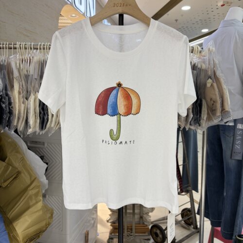 欧货2026春夏新款时尚圆领卡通雨伞短袖棉T恤女百搭休闲宽松上衣