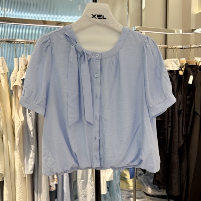 法式甜美风泡泡袖蝴蝶结衬衫女2026夏季新款圆领显瘦百搭气质上衣