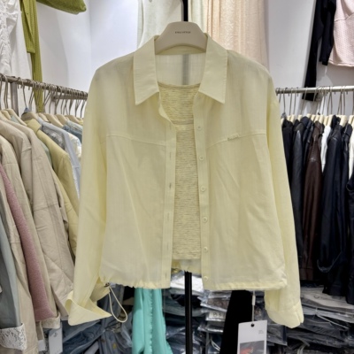 欧洲站2026夏新款韩版显瘦休闲气质棉麻翻领长袖衬衫上衣女两件套