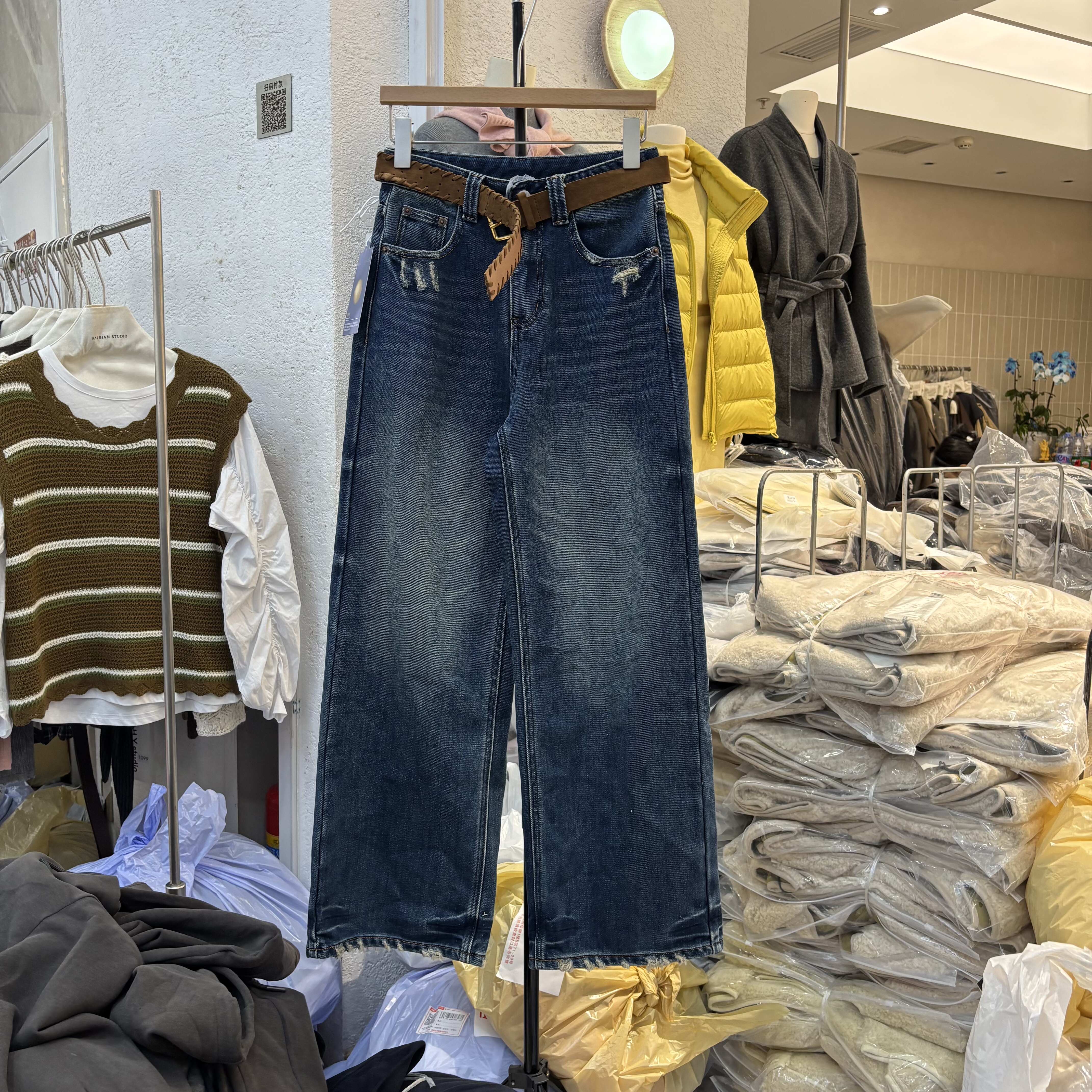 欧货植绒高腰毛边阔腿牛仔裤女2025秋冬韩版宽松垂感直筒长裤5269