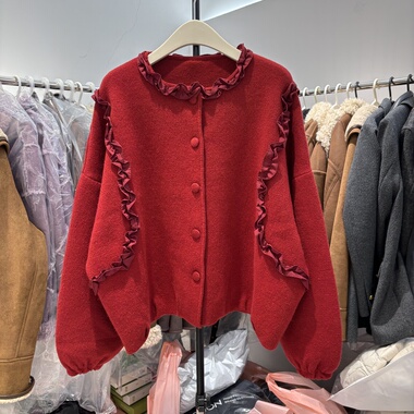 39320正品小香风红色圆领木耳边毛针织开衫女温柔百搭毛衣外套