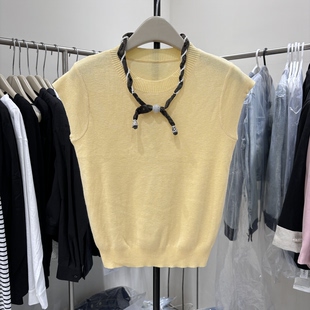 高级感短袖针织衫女2026春夏新款韩系显瘦纯色简约短款上衣配丝巾