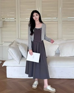 新款 吊带连衣裙开衫 两件套女2025秋季 潮 百搭套装 时尚 韩版 温柔修身