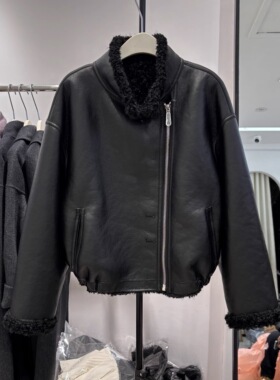 两面穿黑色皮毛一体外套短款斜拉链2025加厚颗粒羊羔毛上衣27117