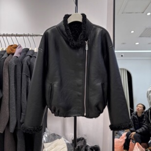 两面穿黑色皮毛一体外套短款斜拉链2025加厚颗粒羊羔毛上衣27117