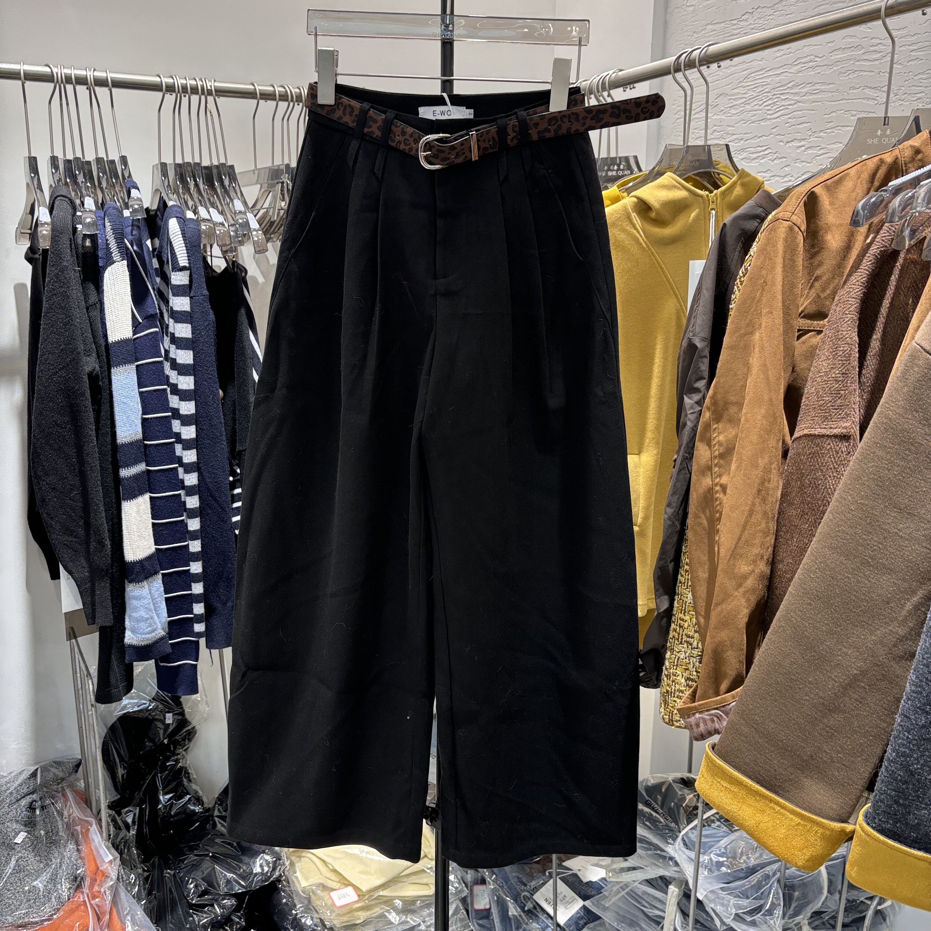 E-WO25276-1秋冬毛呢西裤时尚高腰休闲显瘦百搭直筒阔腿加绒长裤