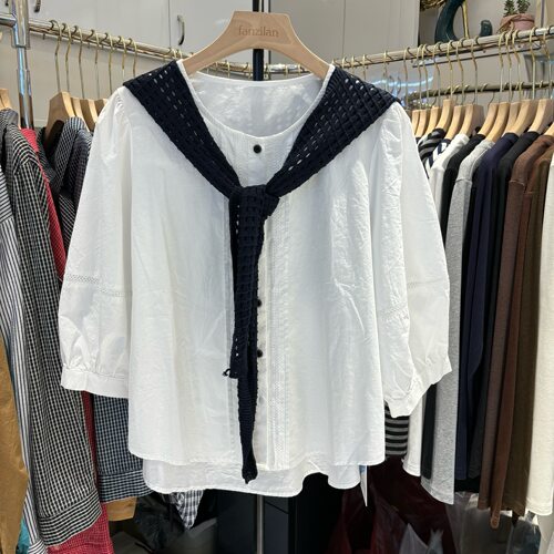 早秋全棉长袖圆领衬衫女2026新款时尚百搭宽松镂空披肩衬衣