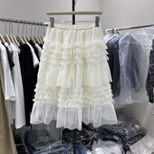 设计感高腰抽绳网纱蛋糕裙女春季 多层次显瘦A字裙蓬蓬半身裙 新款