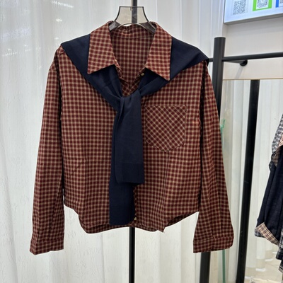 欧洲站2025秋新款针织披肩翻领格子长袖衬衫女韩版宽松休闲上衣潮