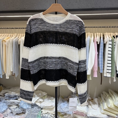 冰麻料～宽条纹杂线编织冰丝针织衫女春季小众高级感上衣60368