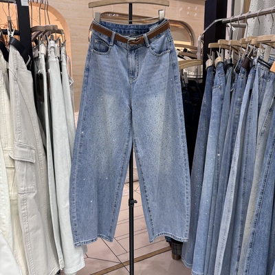 2026春季新款高腰显瘦镶钻直筒牛仔裤女宽松阔腿长裤子潮37075
