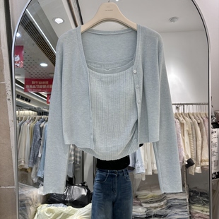 韩版排扣针织开衫+叠穿花边吊带背心两件套套装女减龄上衣春62108