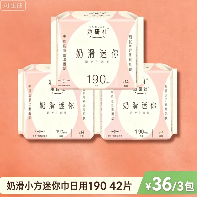 她研社奶滑小方超薄柔软卫生巾姨妈巾透气日用迷你巾190mm 3包