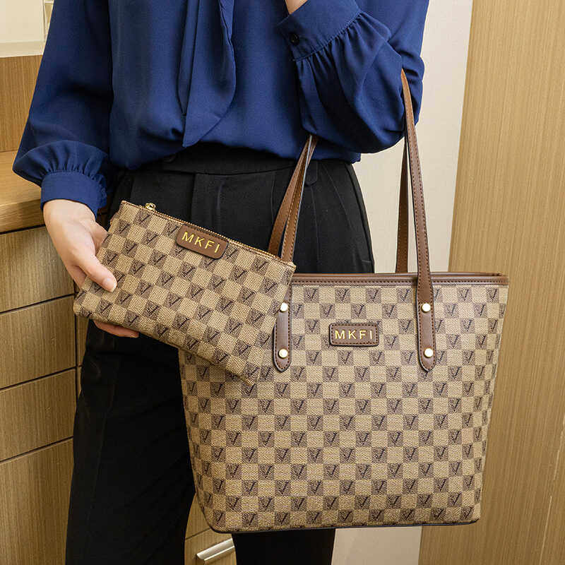 香港2025新款真皮老花女包购物袋子母包大容量托特包单肩手提大包