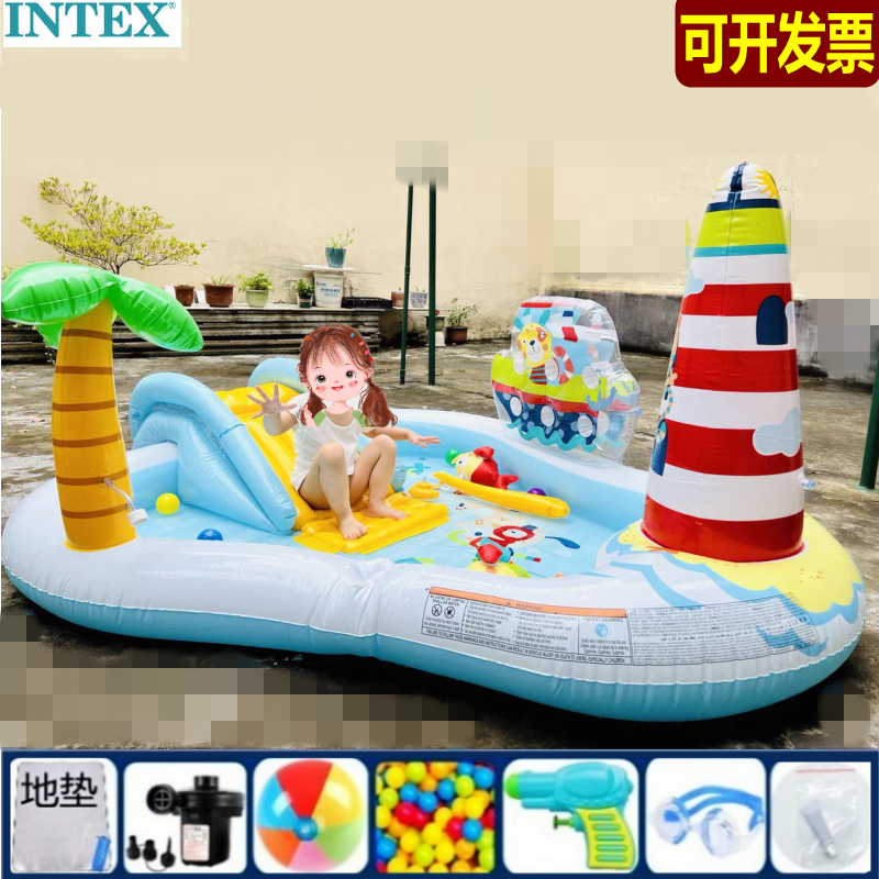 正品intex环保小号阳台宝宝充气海洋钓鱼喷水池民宿冲气滑梯城堡