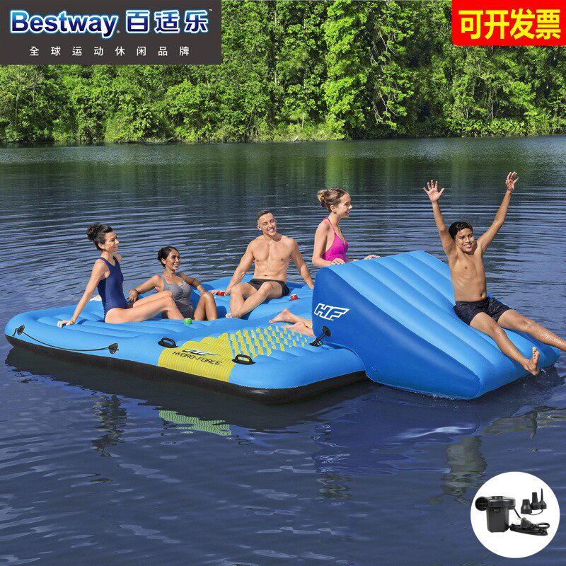 百适乐特大号5-6人充气海上浮岛bestway多人冲气游泳大滑梯浮床玩