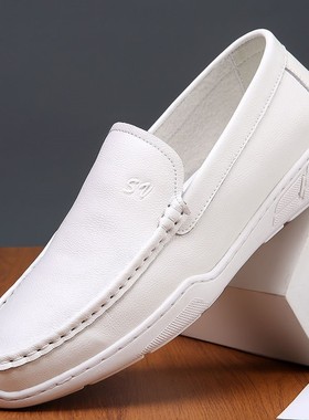 男鞋夏季新款白色透气男士头层牛皮休闲懒人鞋真皮百搭镂空豆豆鞋
