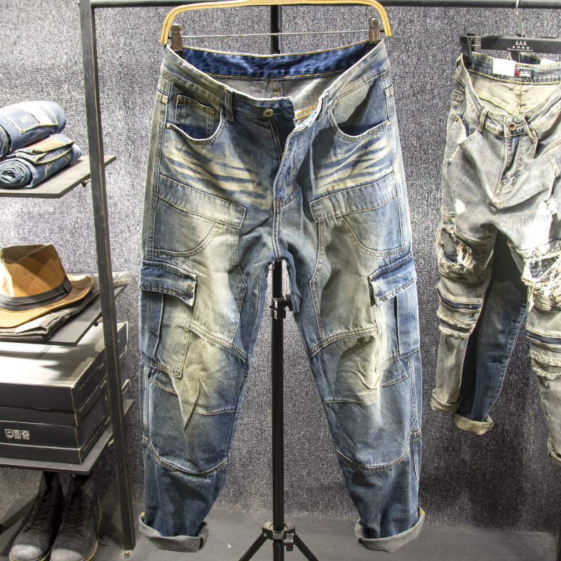 做旧复古风多口袋工装设计牛仔裤