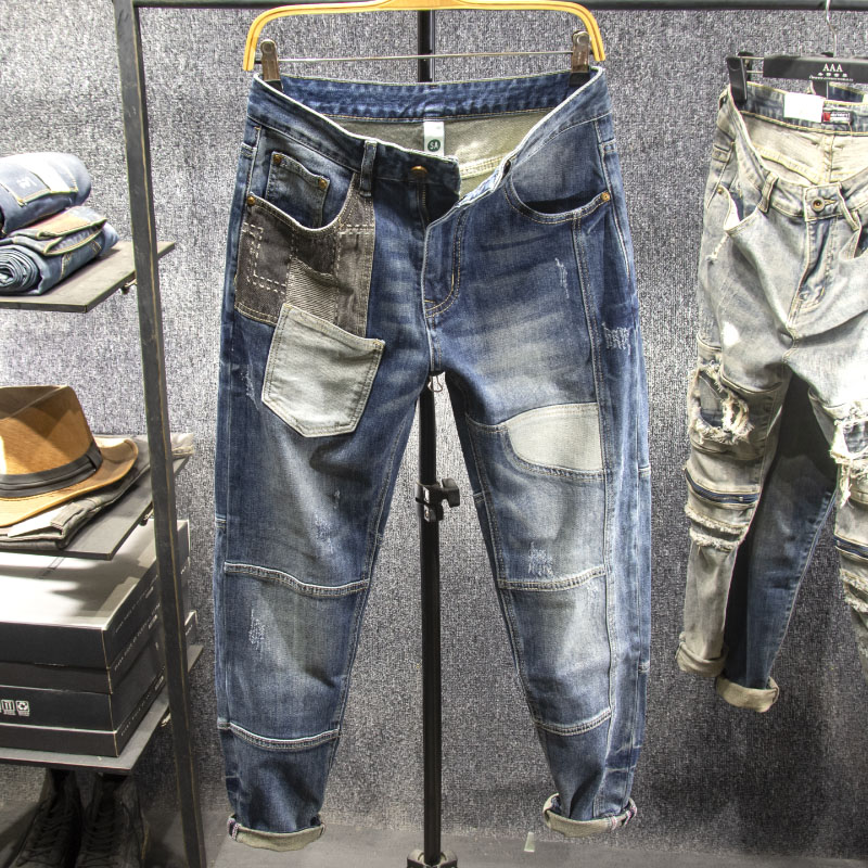 长裤春夏拼接撞色多口袋牛仔裤