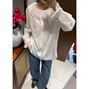 欧洲站2026新款宫廷风简约喇叭蕾丝袖荷叶双层领宽松套头白色衬衣