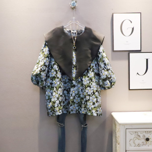 韩版 新款 休闲淑女百搭裙子 百搭连衣裙秋季 大翻领复古碎花宽松大码