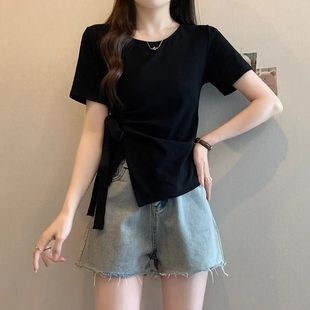 胖MM显瘦绑带上衣潮 甜美设计韩系别致小众新款 短袖 夏季 不规则大码
