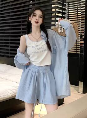 夏季防晒衬衫外套搭配背心短裤三件套胖mm大码减龄时尚套装300斤