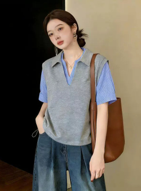 假两件灰色V领正肩短袖衬衫女夏季大码胖mm遮肚显瘦欧货上衣300斤