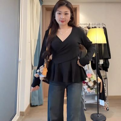 纯欲风交叉V领长袖T恤打底女