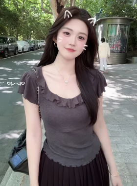 大码胖MM灰色木耳边短袖T恤女夏季显瘦遮肚子荷叶边小众上衣240斤