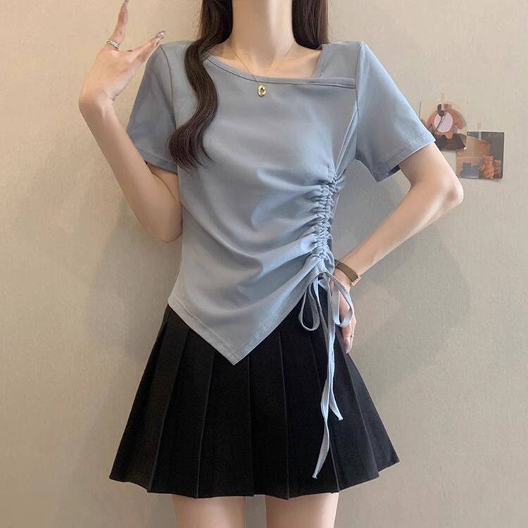 大码设计感抽绳不规则短袖t恤女夏季微胖mm显瘦甜辣别致小众上衣图片