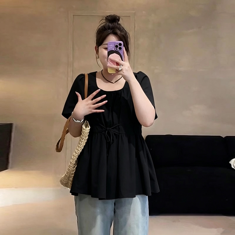 大码法式高级感抽绳短袖衬衫女夏季胖mm孕妇洋气荷叶边上衣300斤