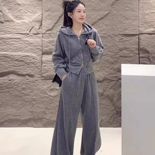 大码时尚休闲运动套装女春秋季胖MM宽松连帽上衣显瘦阔腿裤两件套