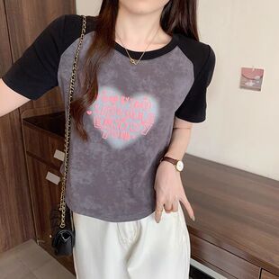 印花爱心短袖 大码 微胖mm美式 爆款 显瘦设计感撞色上衣ins t恤女夏季