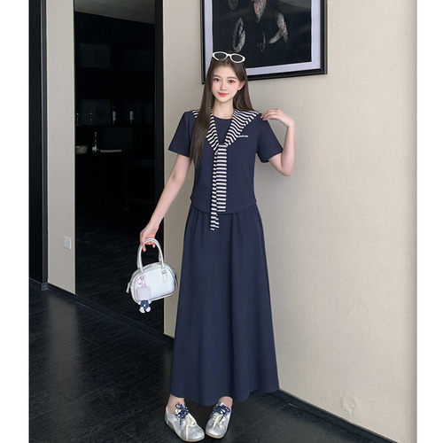 大码女装2026夏装胖mm新款韩系休闲短袖条纹披肩半身裙套装三件套