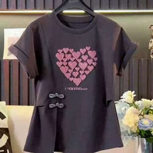 大码 新中式 新款 t恤女夏季 胖MM不规则宽松百搭洋气上衣潮 国风短袖