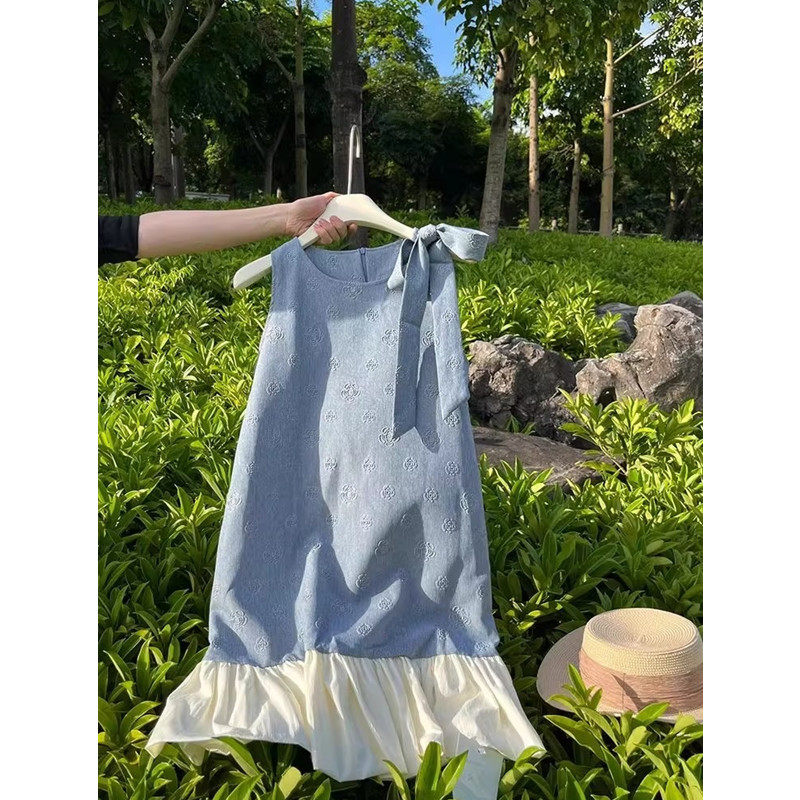 大码300斤甜美蝴蝶结荷叶边无袖连衣裙宽松显瘦气质提花背心裙夏