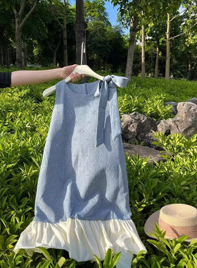 大码胖MM300斤法式甜美蝴蝶结无袖连衣裙夏季气质小众提花背心裙