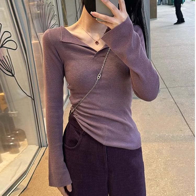 大码纯欲风v领长袖T恤女春秋季